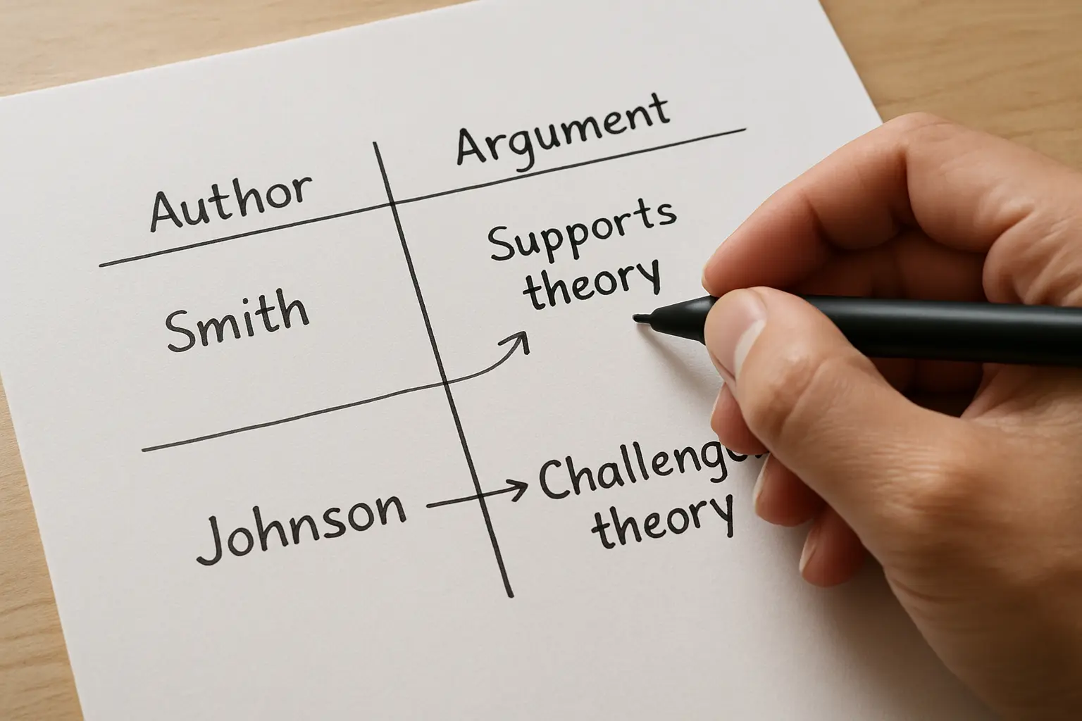 Tabela desenhada à mão comparando argumentos de diferentes autores na revisão de literatura