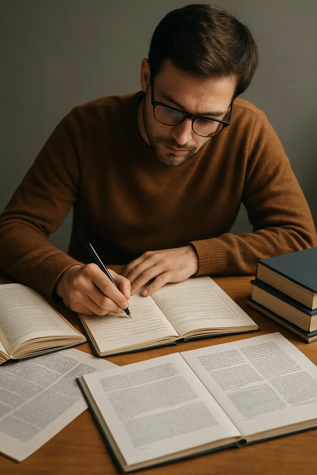 Estudante elaborando projeto de pesquisa com livros e artigos acadêmicos de referência