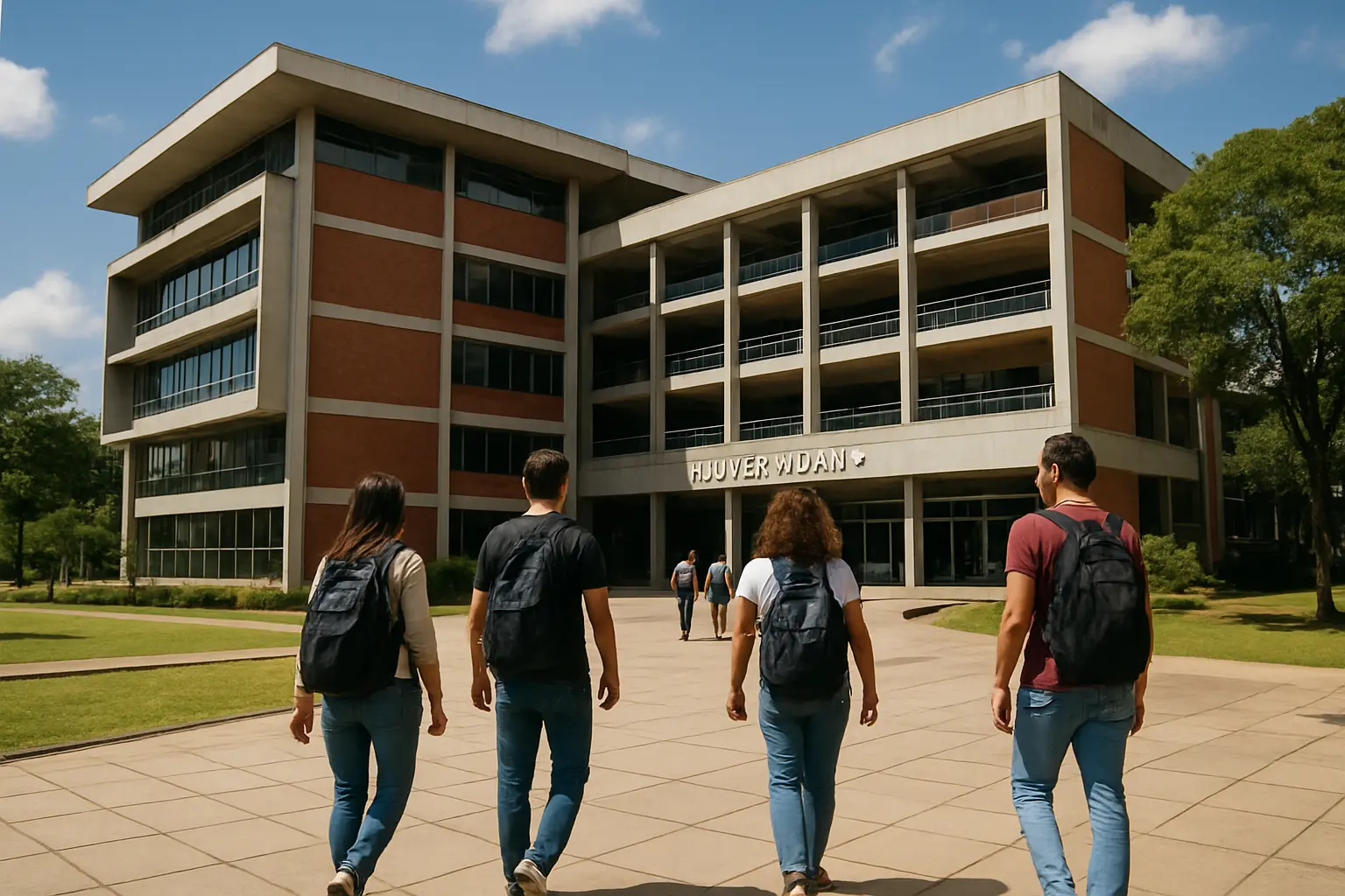 Estudantes caminhando em campus de universidade pública brasileira durante o processo seletivo de mestrado