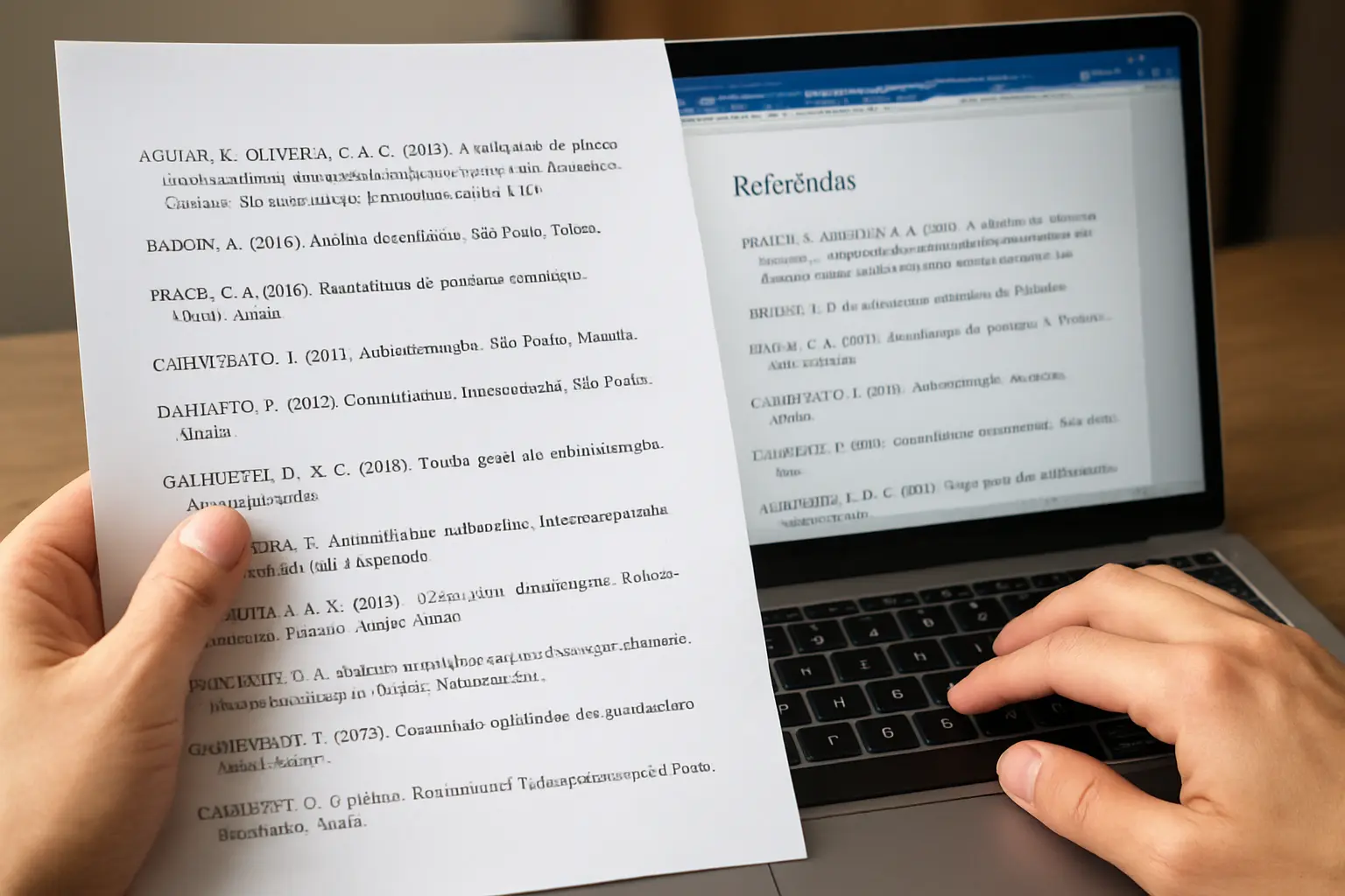 Estudante conferindo referências ABNT geradas por IA antes de inserir no TCC