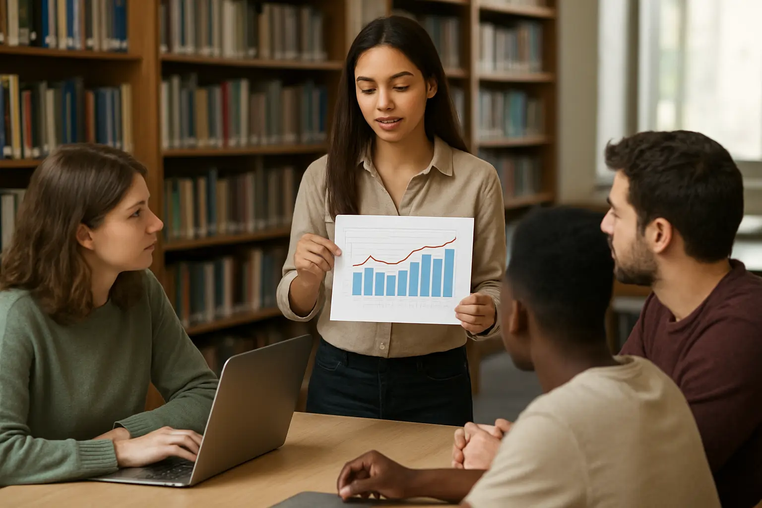 Estudantes de Contábeis discutindo indicadores financeiros durante análise dos dados do TCC