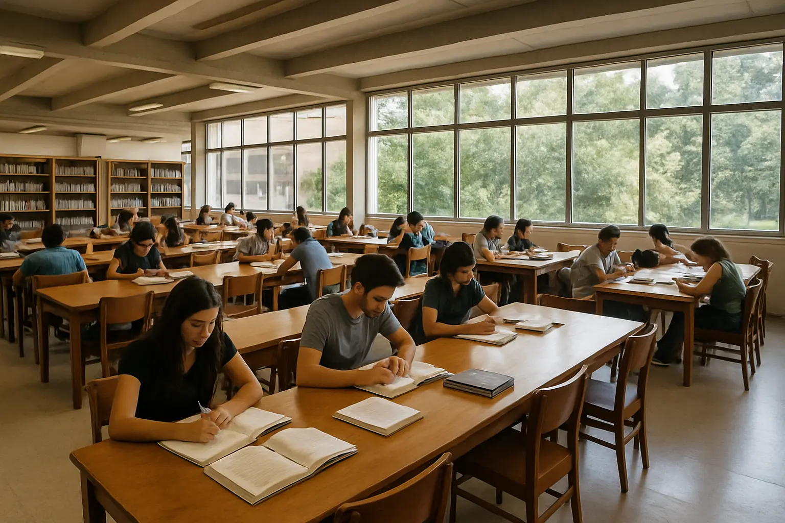 Biblioteca universitária brasileira com estudantes trabalhando em seus TCCs