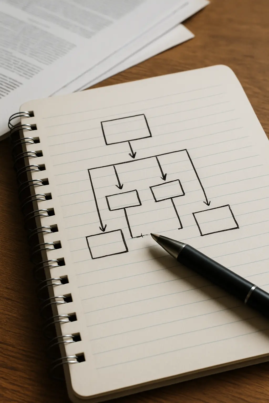Diagrama de variáveis de uma hipótese de pesquisa em caderno acadêmico
