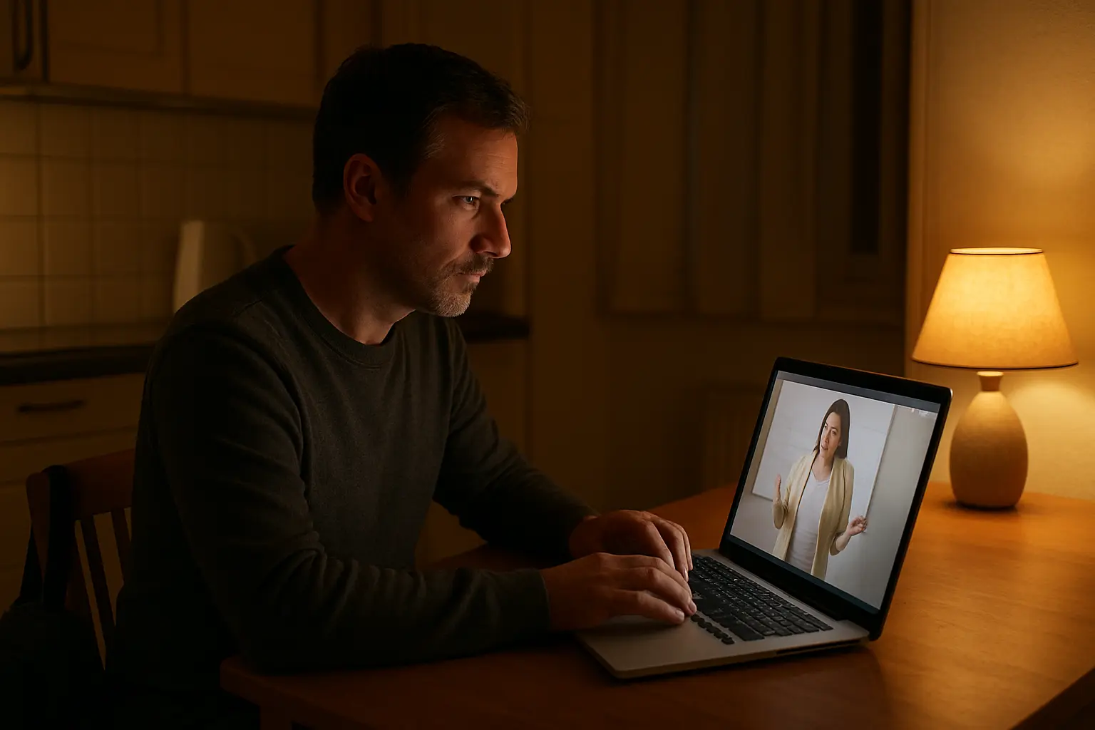 Estudante assistindo a uma aula online em casa após o expediente de trabalho
