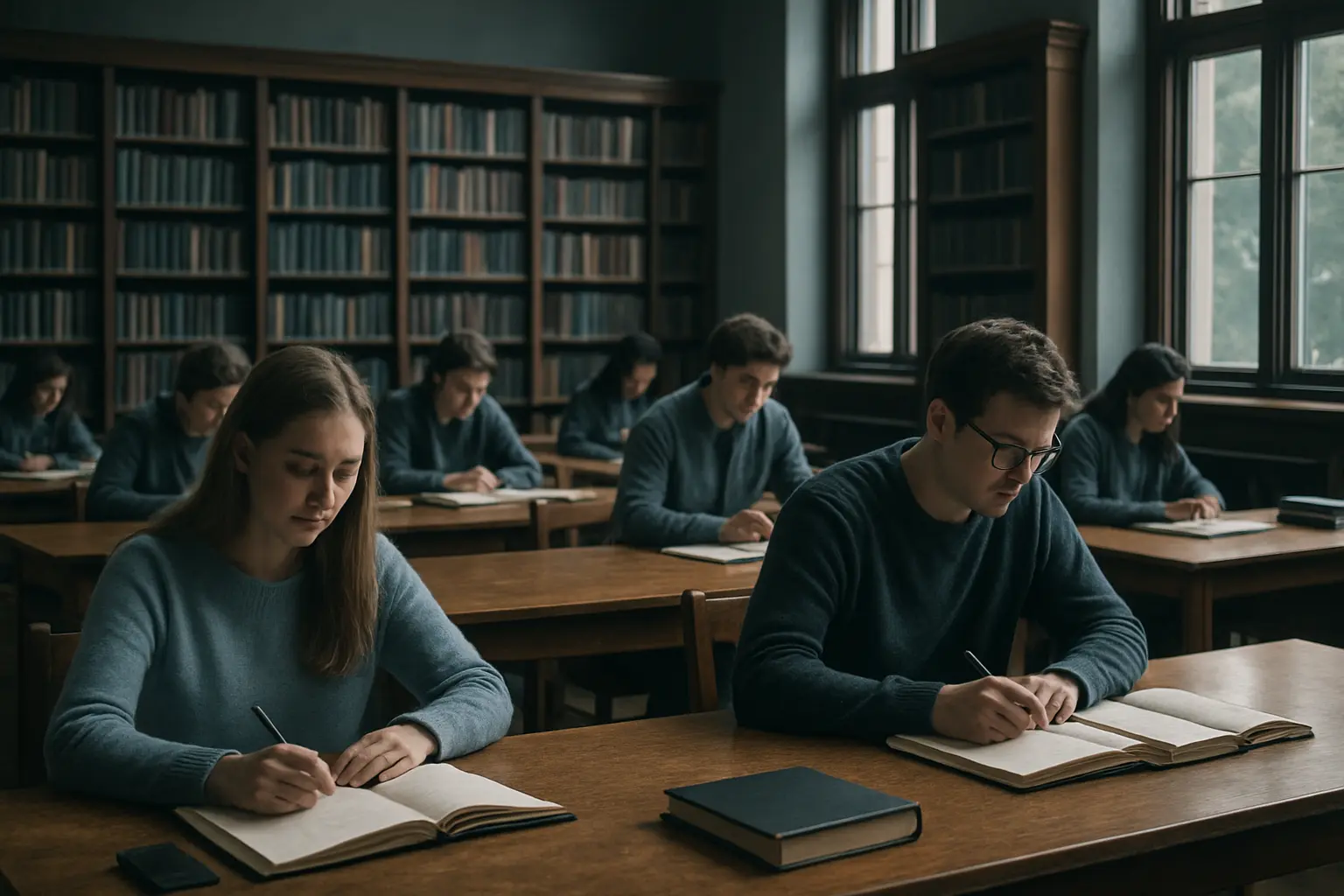 Sala de leitura de biblioteca universitária com estudantes em mesas de madeira