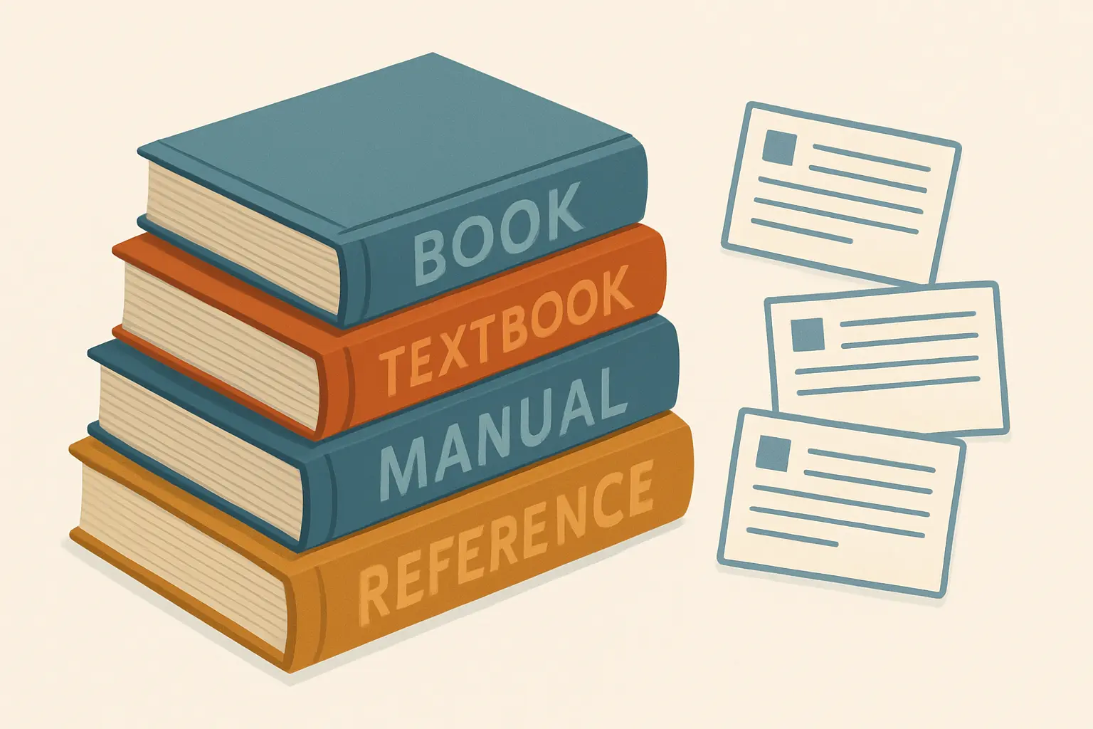 Ilustração editorial de livros empilhados com fichas de referência bibliográfica ao lado, representando a estrutura da citação ABNT