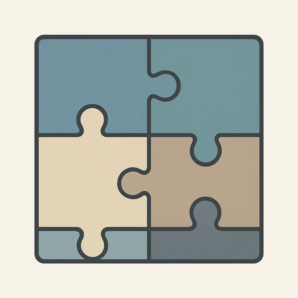 Ilustração editorial de um mosaico de cinco peças representando os diferentes tipos de plágio acadêmico
