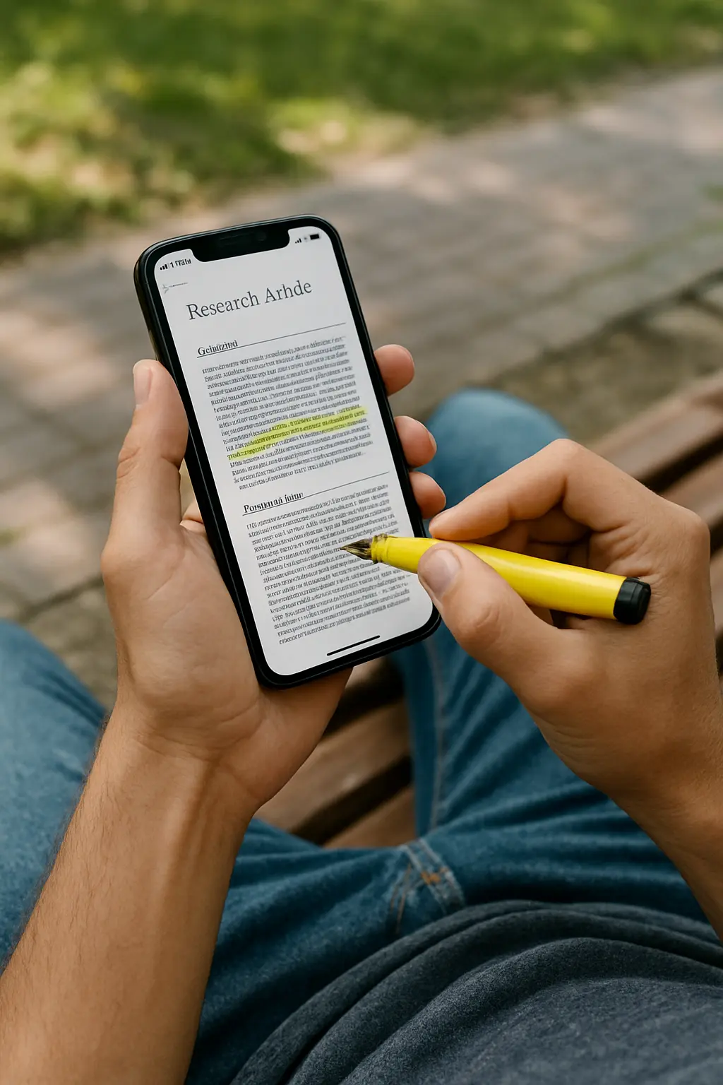 Estudante usando aplicativo no celular para revisar artigo acadêmico