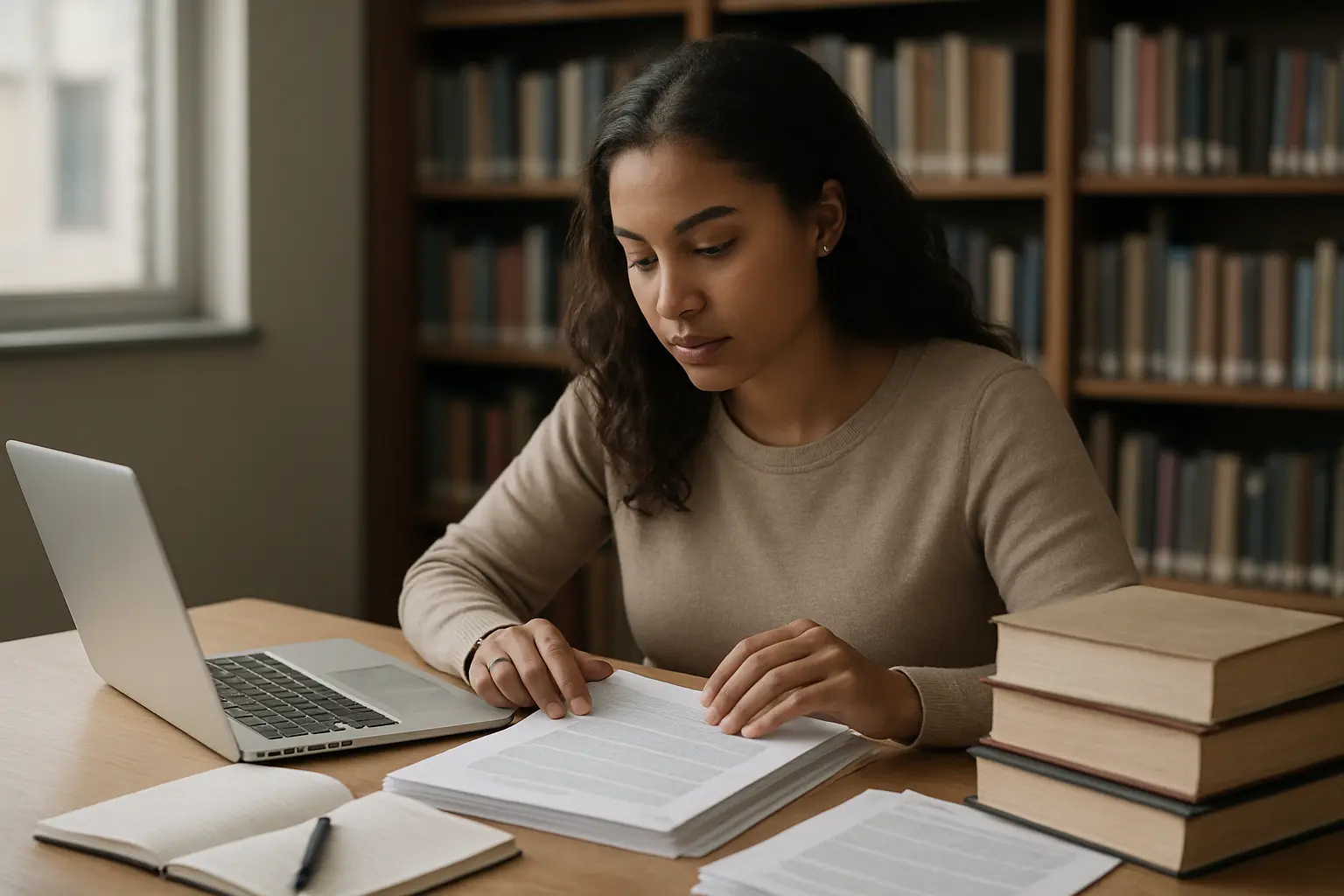 Estudante de Serviço Social revisando documentos e legislação para a fundamentação teórica do TCC