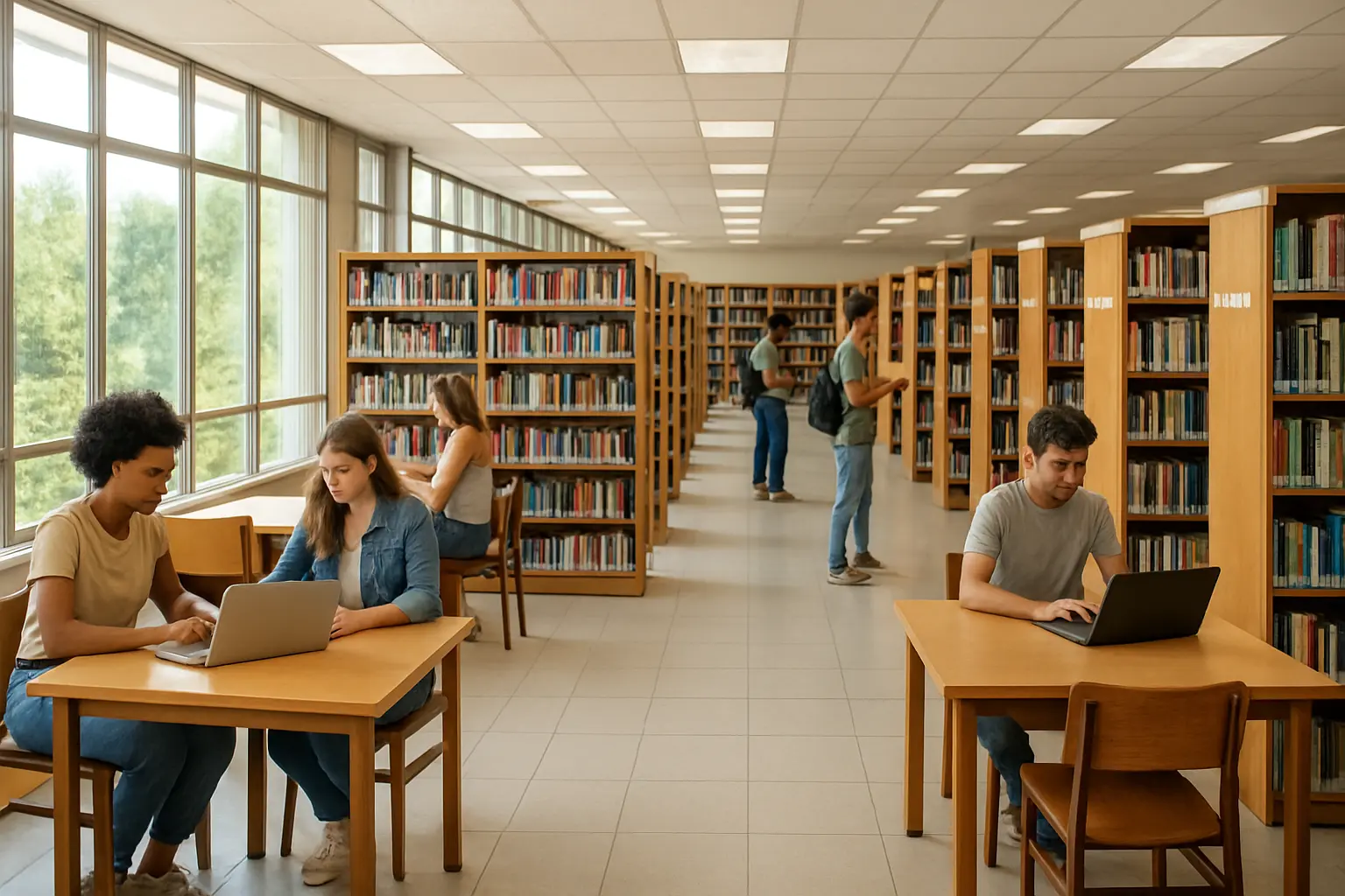 Sala de leitura de biblioteca universitária brasileira com estudantes pesquisando