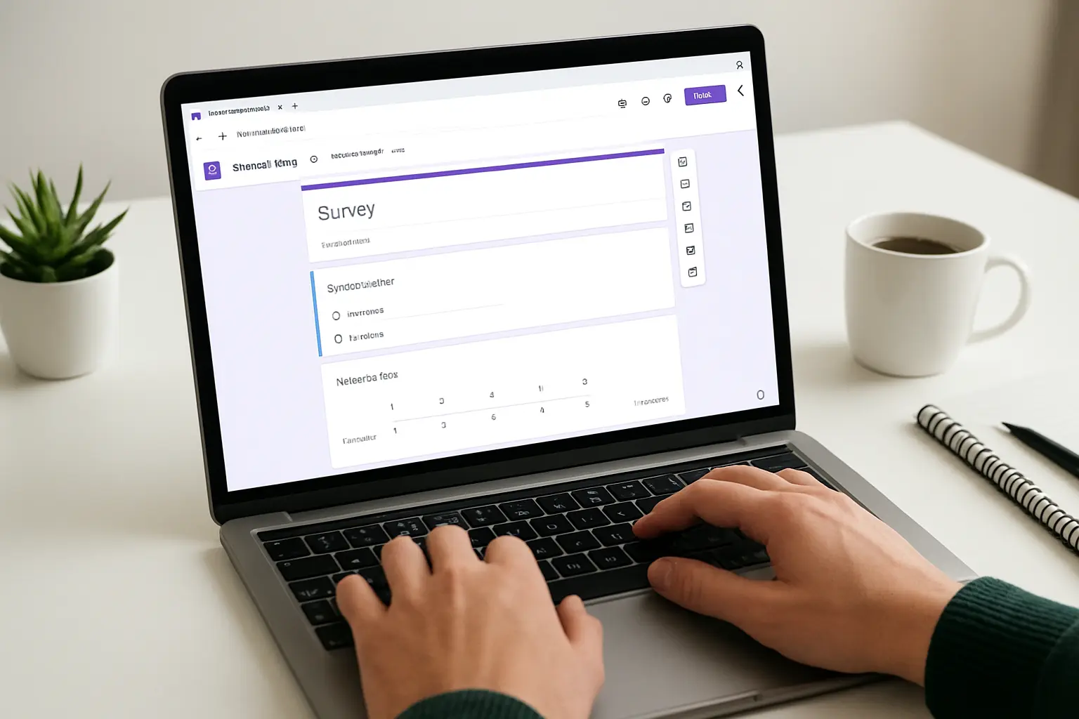Estudante criando um questionário de pesquisa acadêmica no Google Forms em um laptop