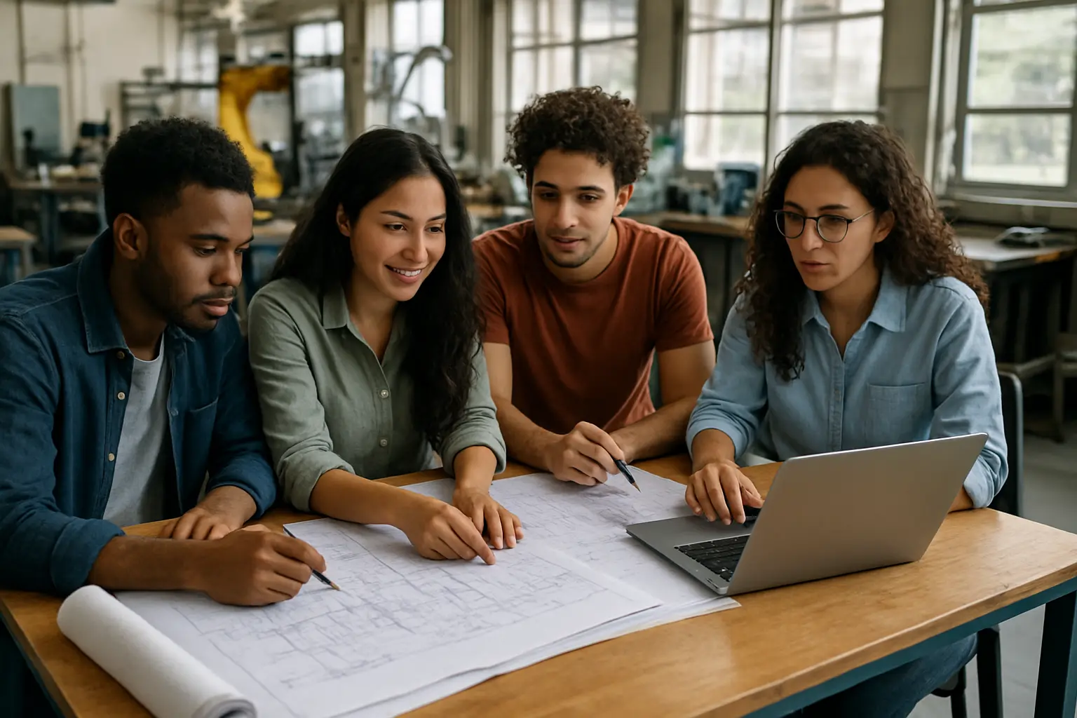 Grupo de estudantes de engenharia analisando plantas técnicas em laboratório universitário