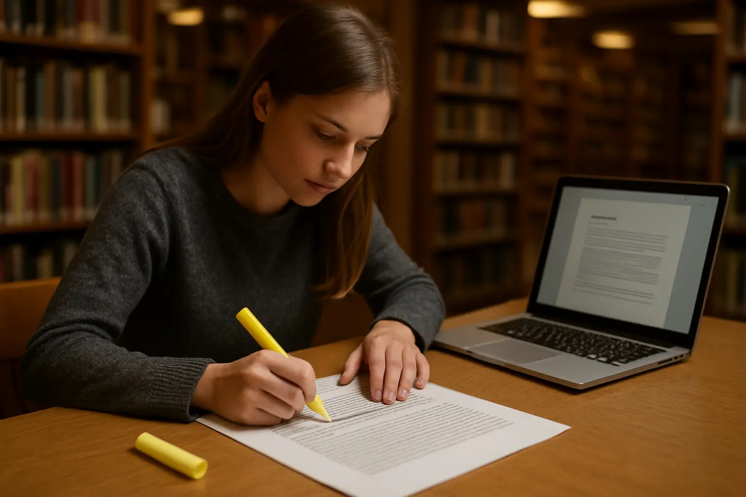 Estudante organizando documento acadêmico impresso em biblioteca universitária