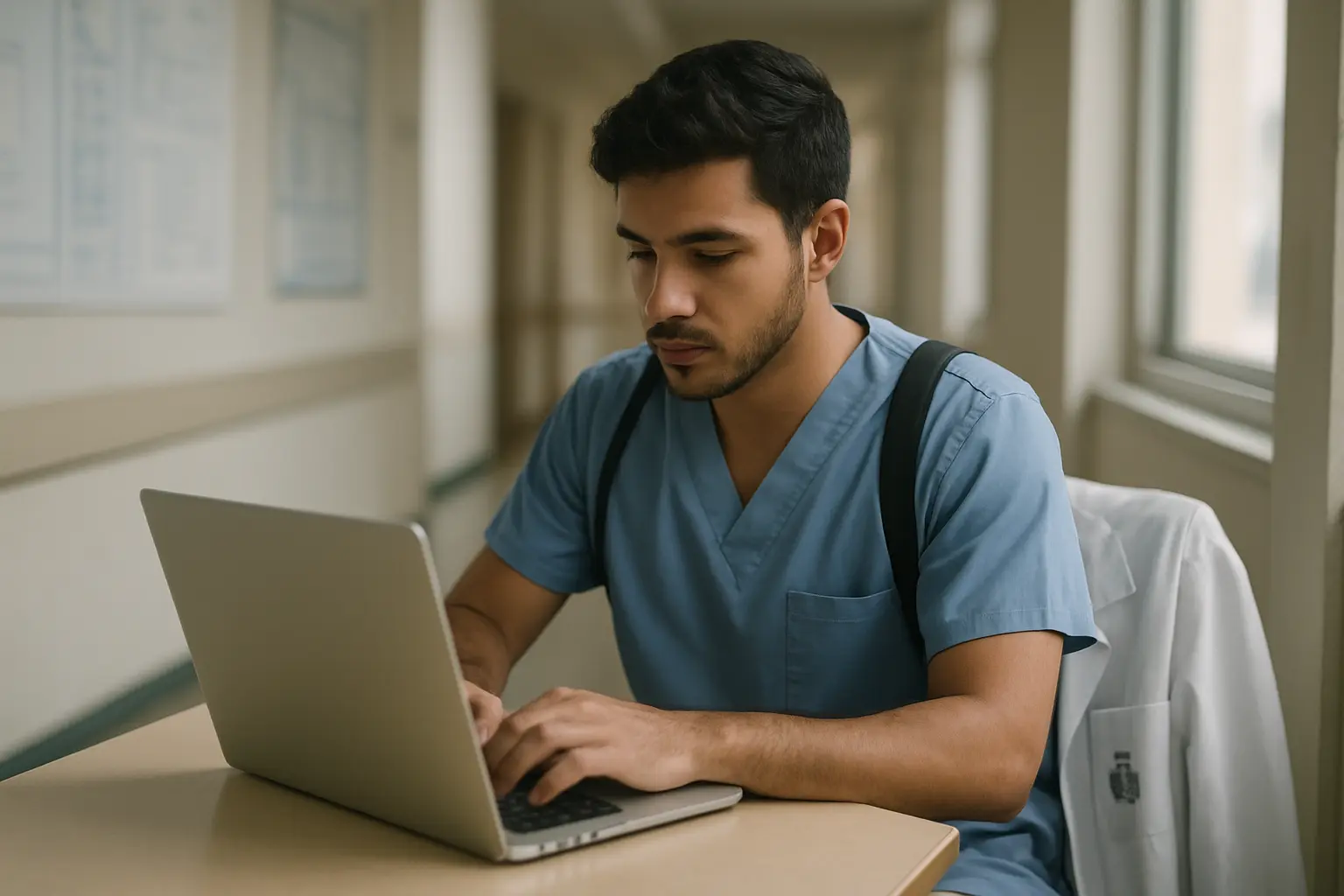 Estudante de medicina digitando no laptop em corredor de hospital com jaleco branco