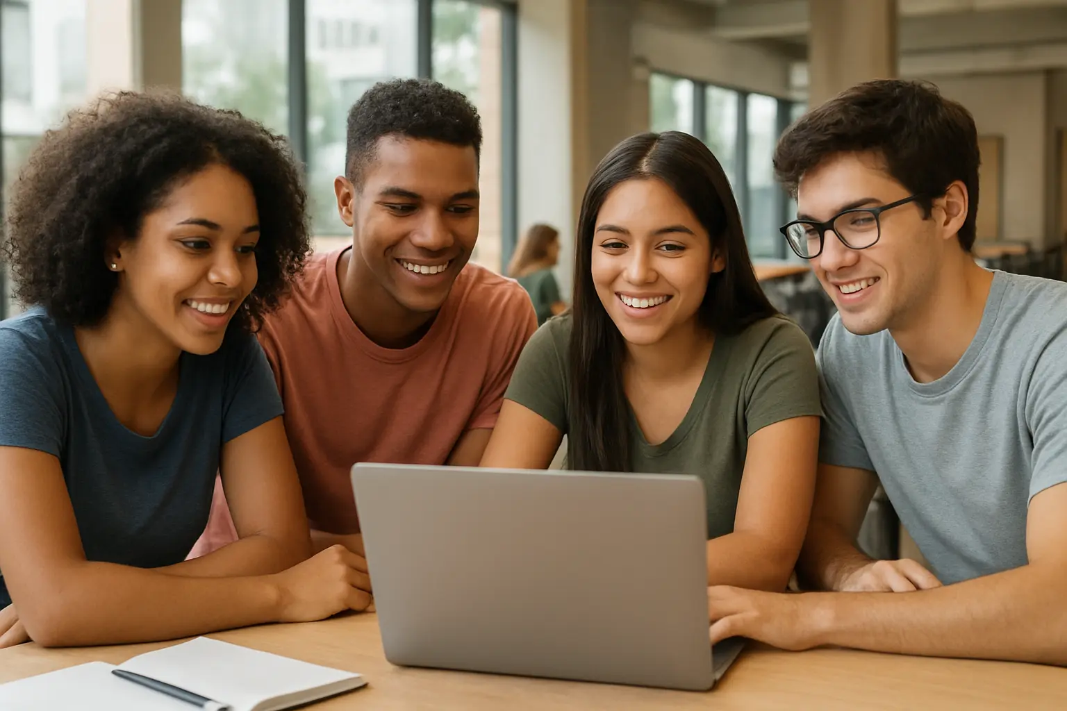 Grupo de universitários brasileiros organizando trabalho acadêmico em conjunto