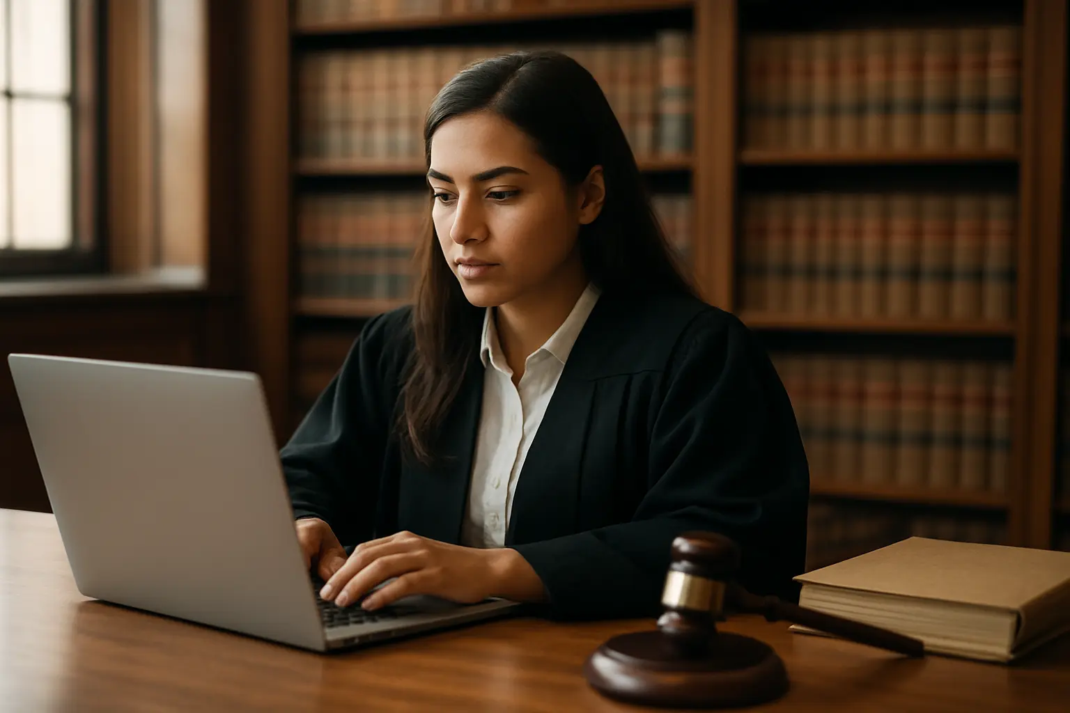 Estudante de direito digitando no laptop em biblioteca jurídica com pastas de processos