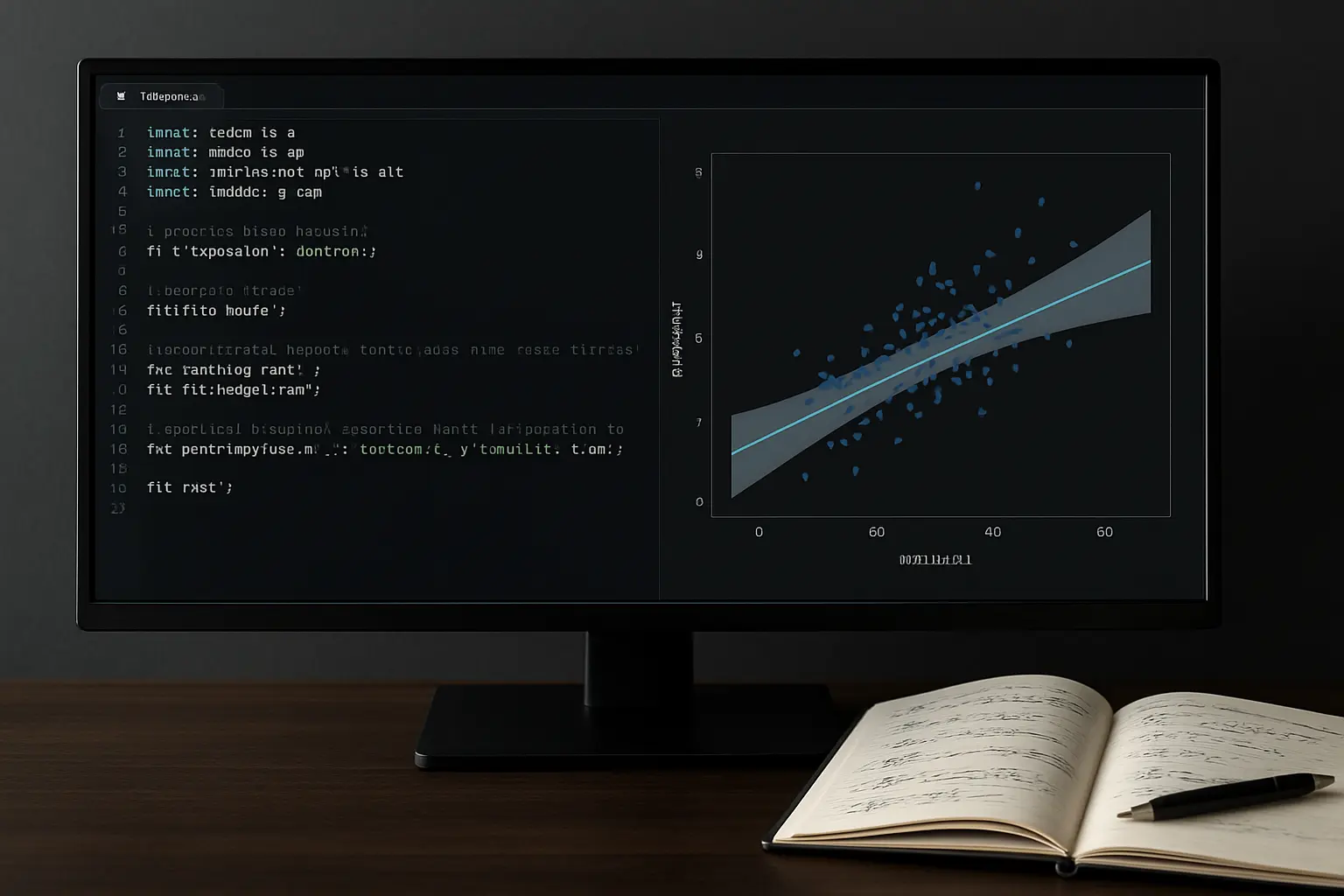 Editor de código com script de análise estatística e gráficos gerados ao lado