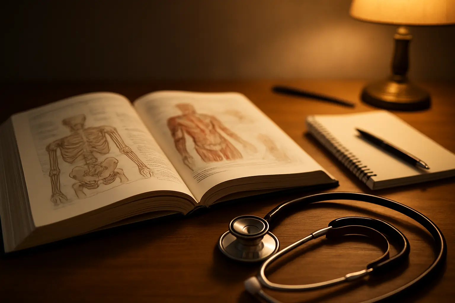 Mesa de estudos de estudante de medicina com livro de anatomia e estetoscópio