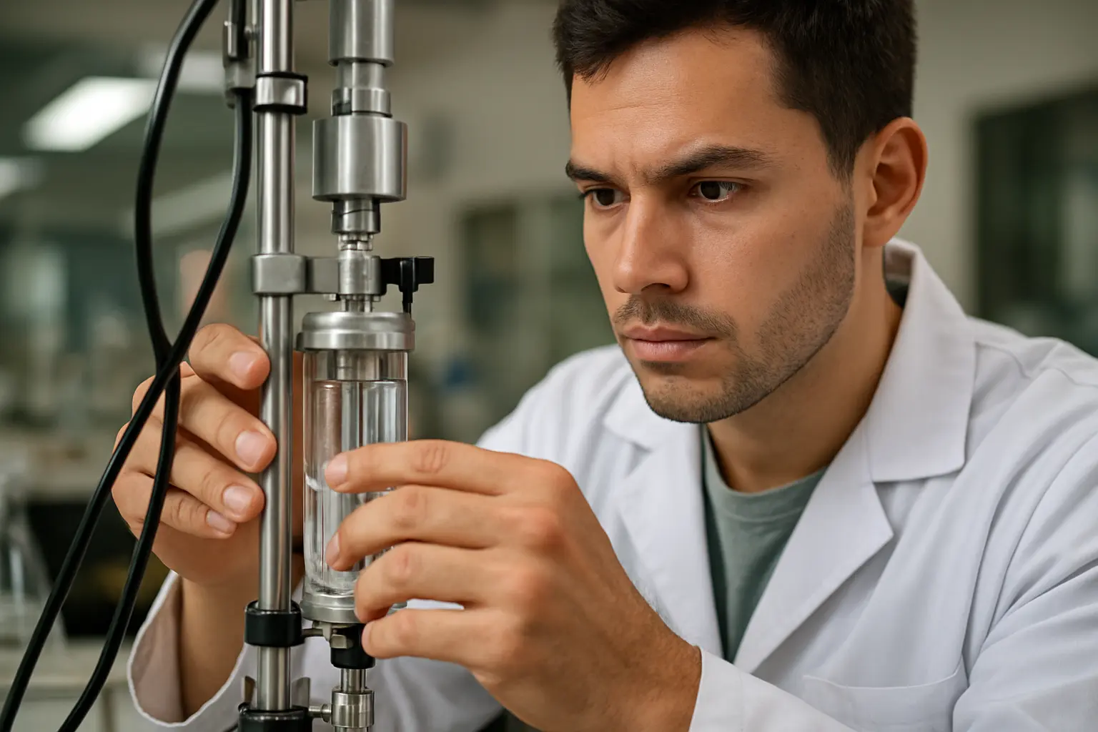 Pesquisador brasileiro operando equipamento científico