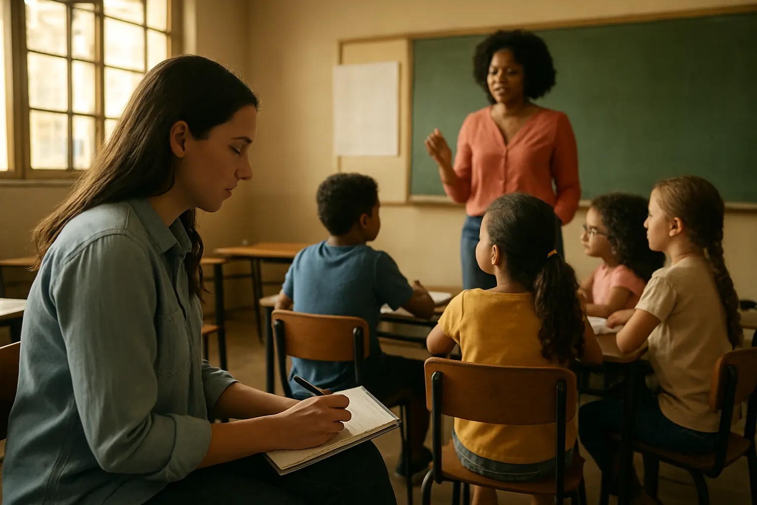 Pesquisa de campo em escola municipal com professora e alunos durante observação