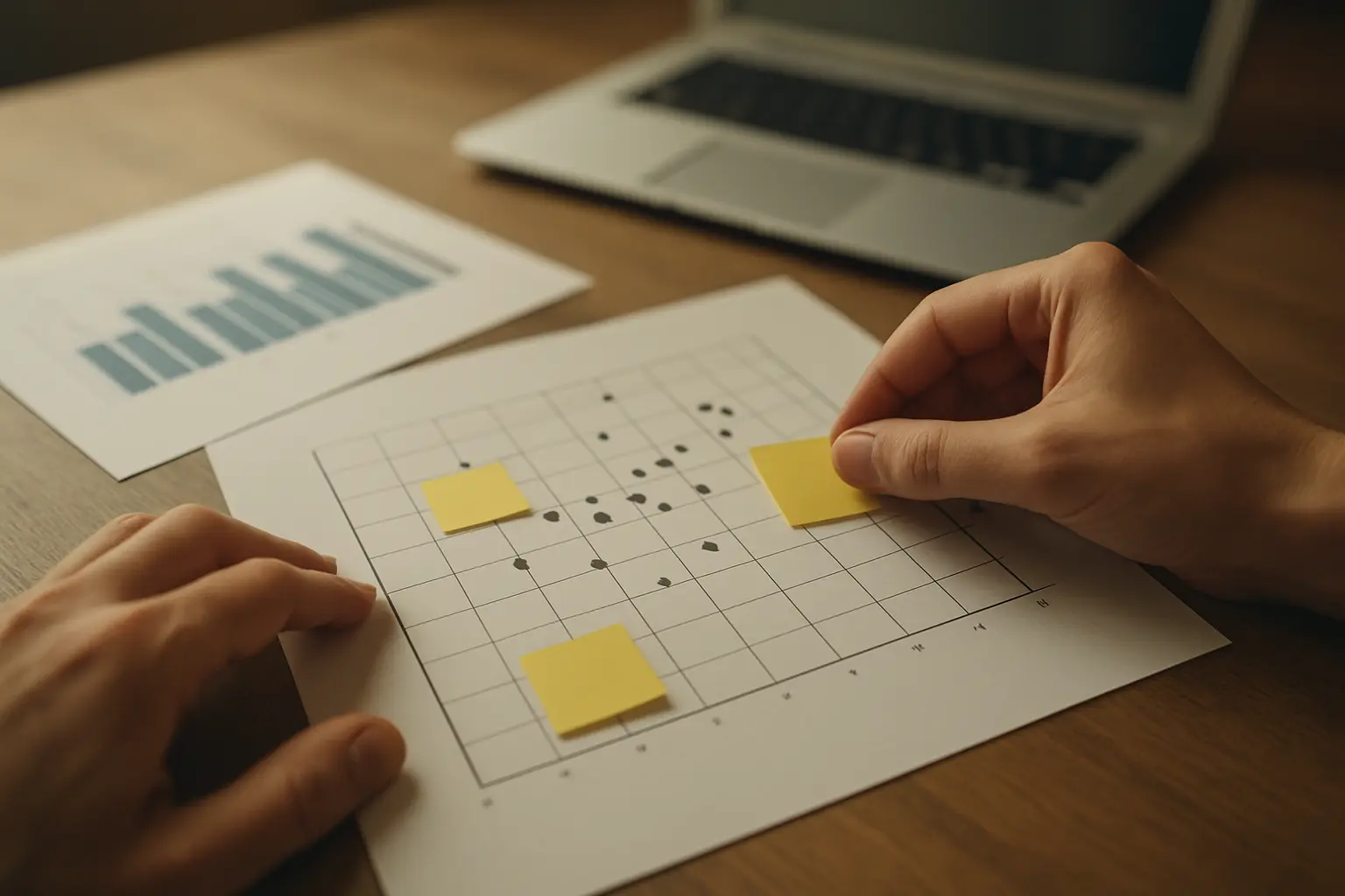 Pesquisador analisando gráficos e destacando pontos de dados durante revisão metodológica