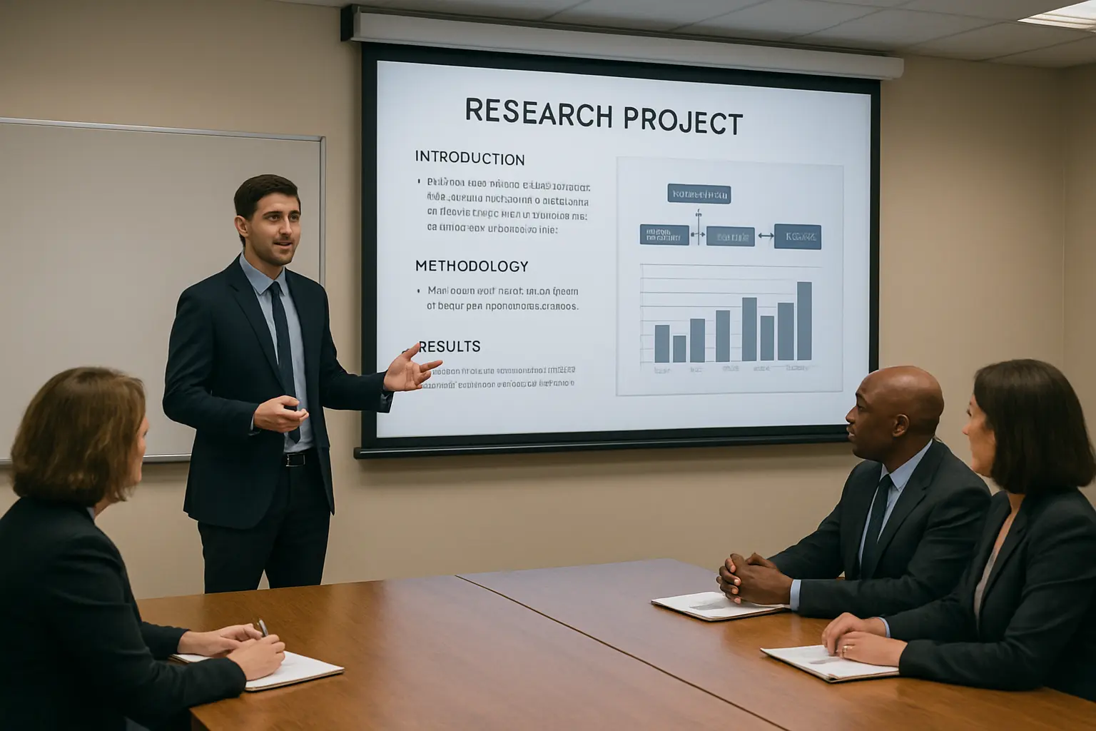 Estudante de mestrado apresentando projeto de pesquisa à banca examinadora