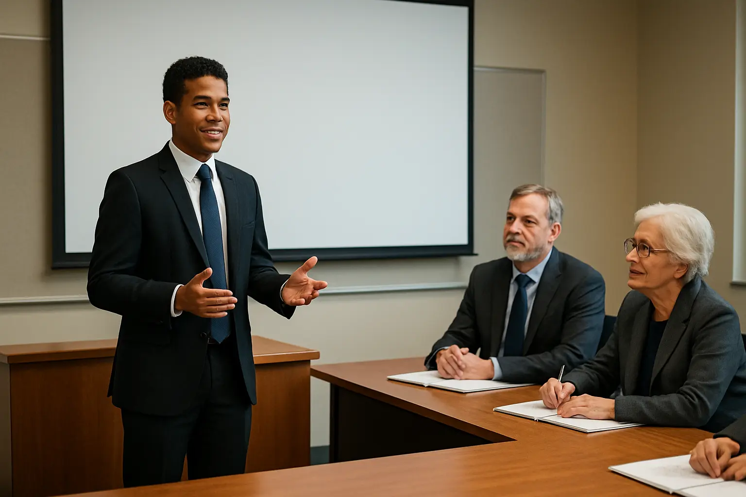 Estudante brasileiro apresentando a defesa do TCC para a banca examinadora