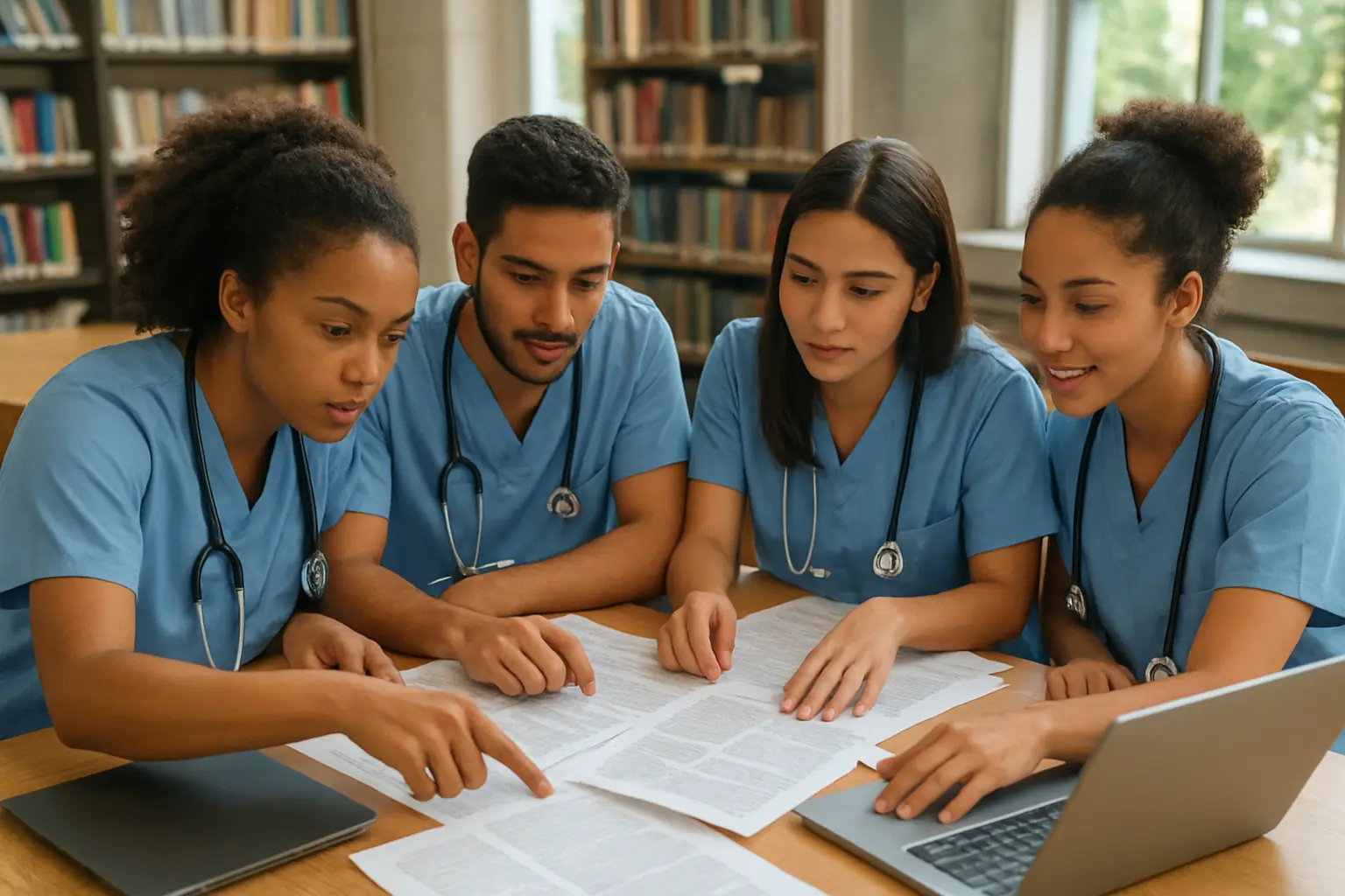 Grupo de estudantes de enfermagem revisando artigos científicos impressos em biblioteca universitária