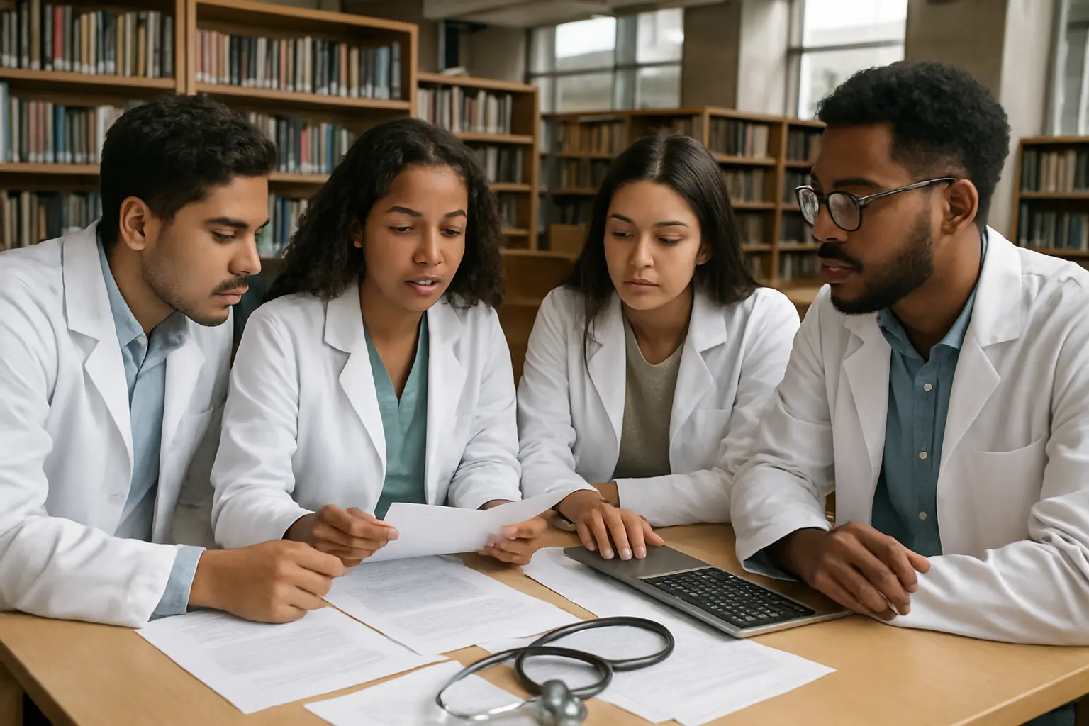 Grupo de estudantes de medicina analisando artigos de pesquisa clínica em biblioteca