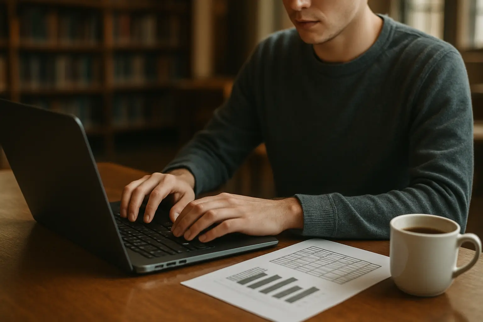 Estudante revisando dados e resultados de pesquisa com apoio de IA durante a redação do TCC