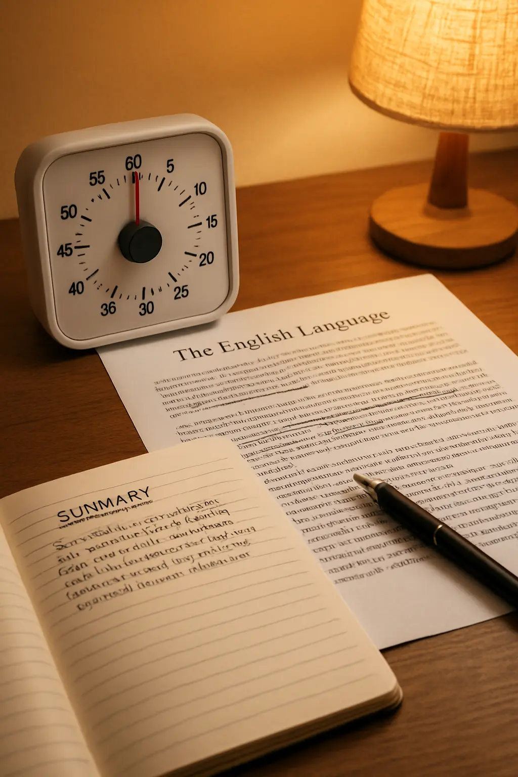 Cronômetro ao lado de artigo científico em inglês durante treino de leitura para a proficiência