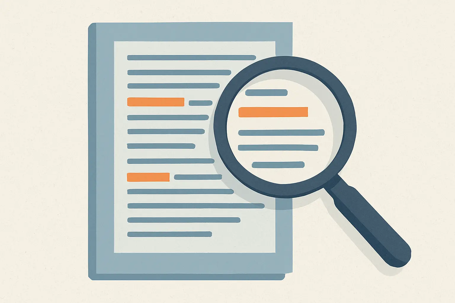 Ilustração editorial de uma lupa sobre um documento acadêmico com trechos destacados, representando a verificação de similaridade