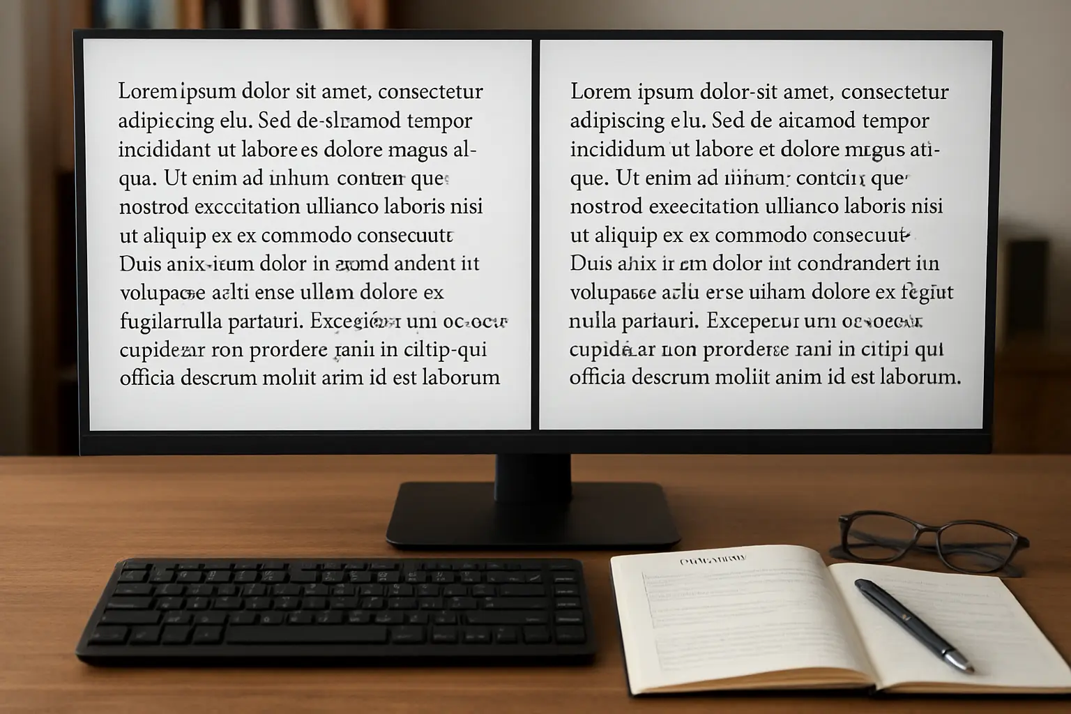 Comparação lado a lado entre o trecho original em inglês e a tradução revisada em português