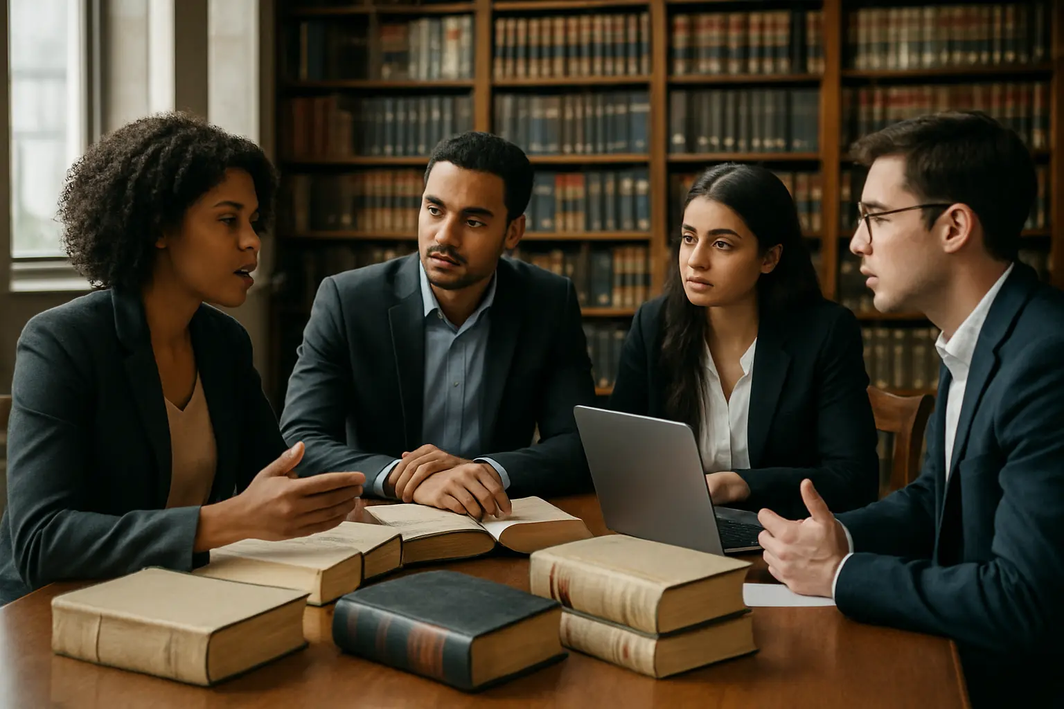 Grupo de estudantes de direito discutindo doutrina jurídica em biblioteca universitária