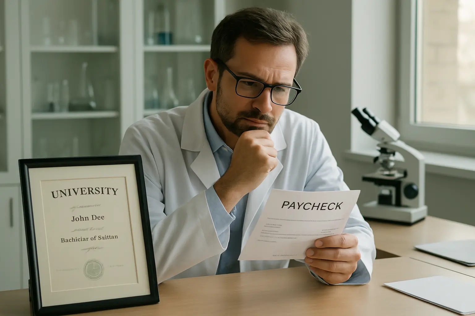 Pesquisador brasileiro observando contracheque ao lado de diploma de pós-graduação sobre a mesa