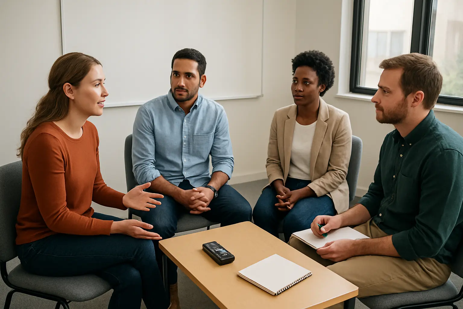 Sessão de grupo focal com participantes em discussão moderada