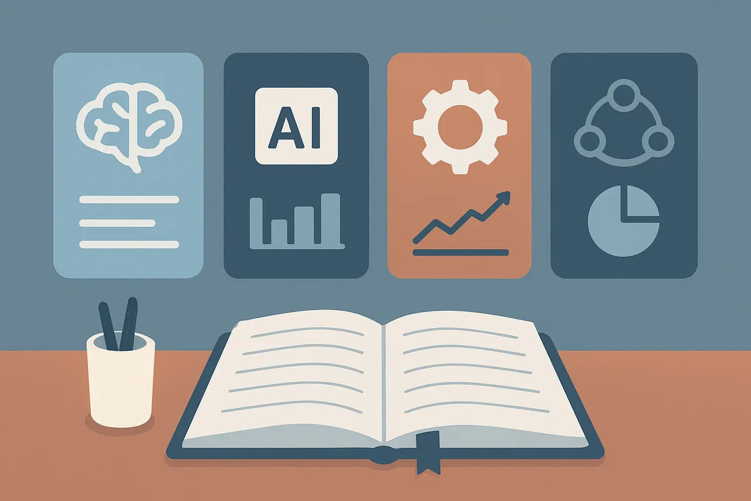 Ilustração editorial comparando quatro ferramentas de inteligência artificial lado a lado sobre uma mesa acadêmica