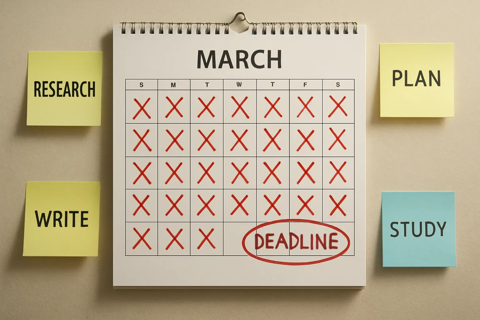 Calendário de parede com as semanas restantes até a entrega do TCC marcadas