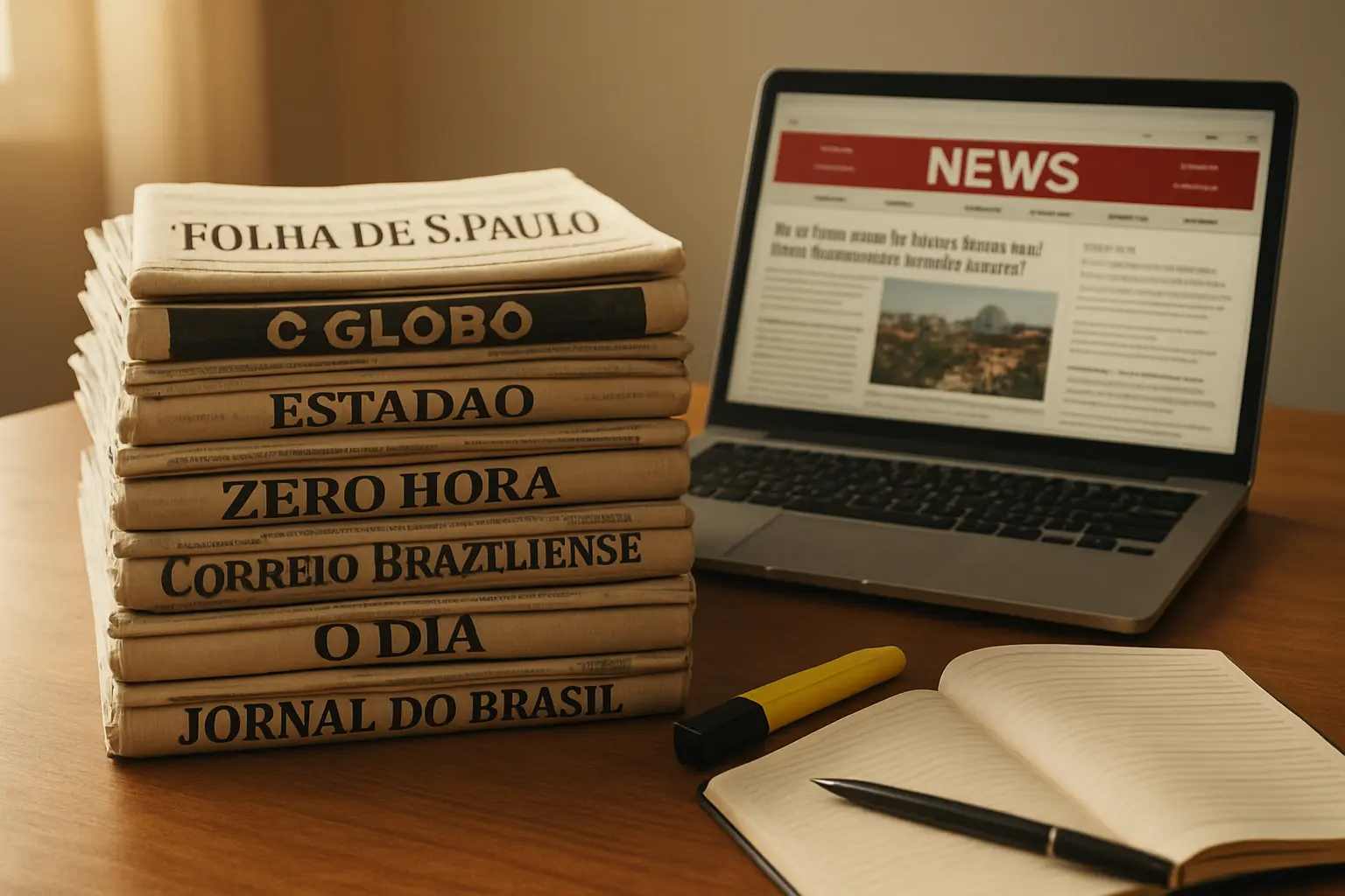 Pilha de jornais brasileiros ao lado de laptop com site de notícias aberto para pesquisa acadêmica