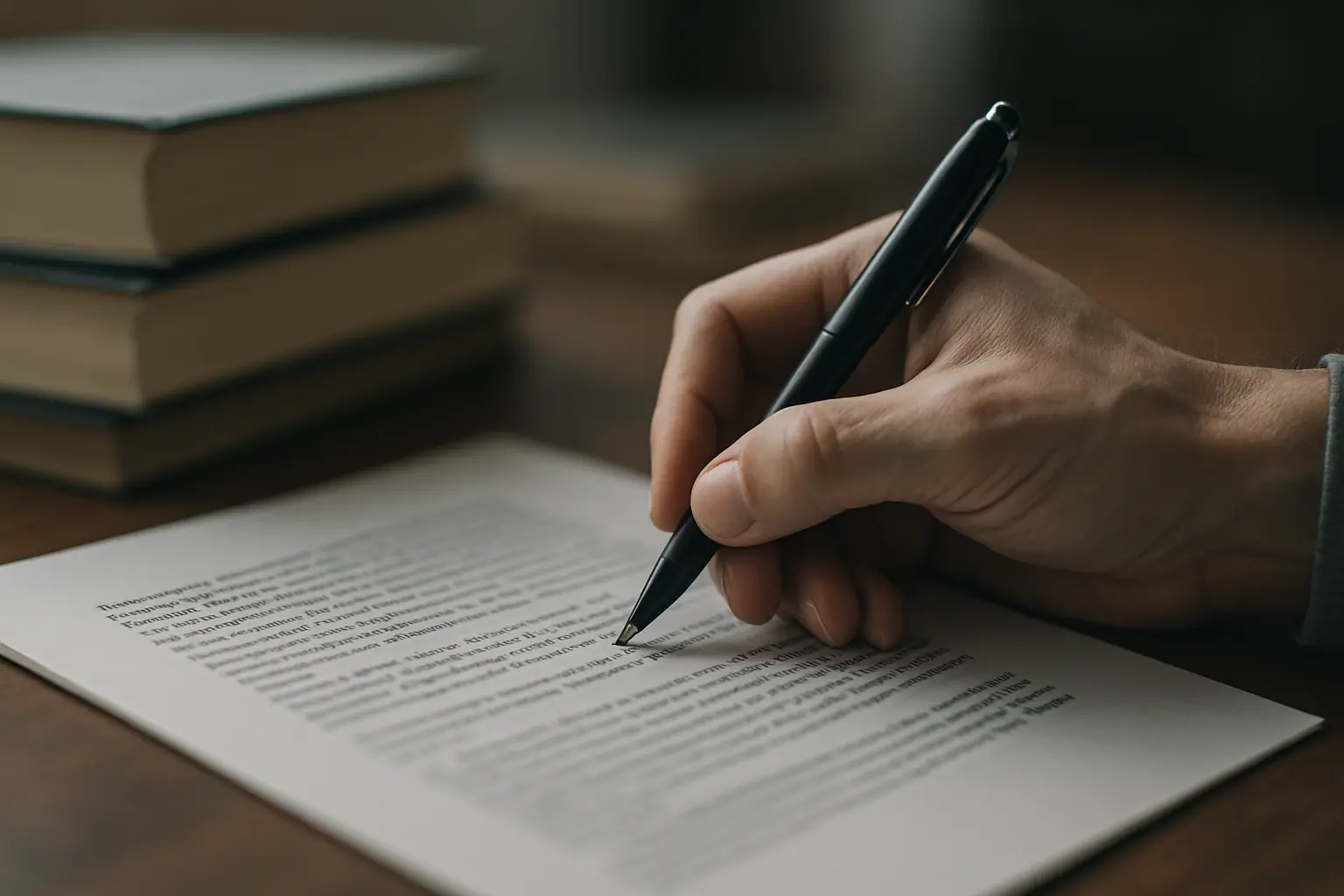 Mão escrevendo nota de rodapé em documento acadêmico impresso