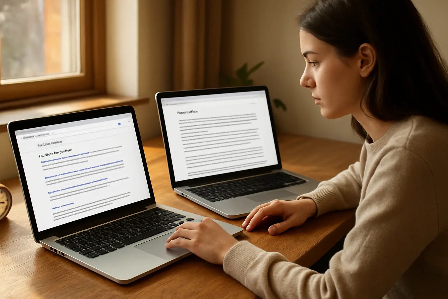 Dois laptops lado a lado, um com pesquisa de fontes e outro com redação de texto acadêmico