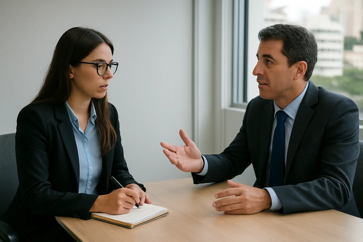 Entrevista de estudo de caso empresarial em sala de reunião com gestor