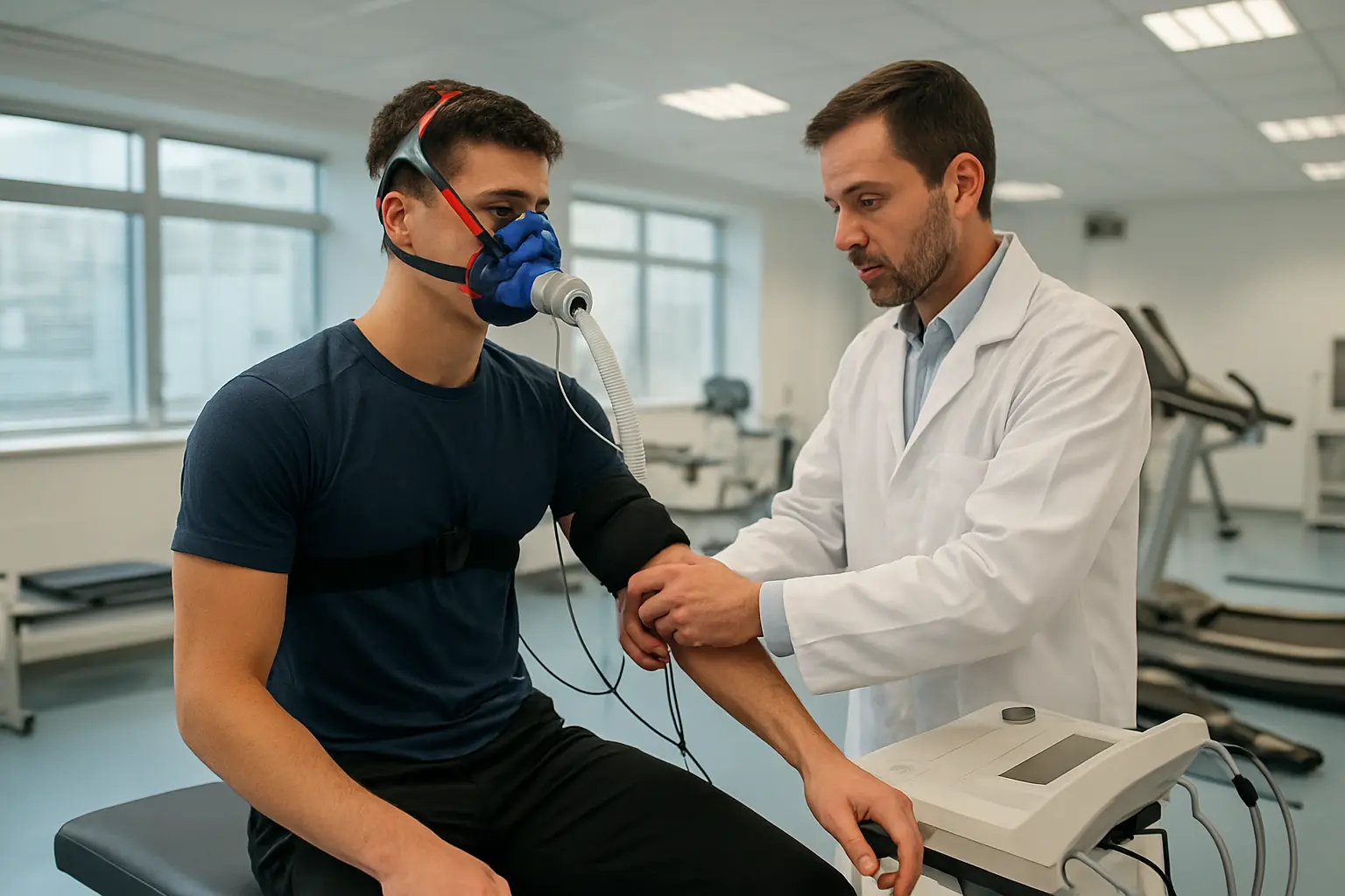 Avaliação física em laboratório de ciências do esporte com pesquisador e atleta