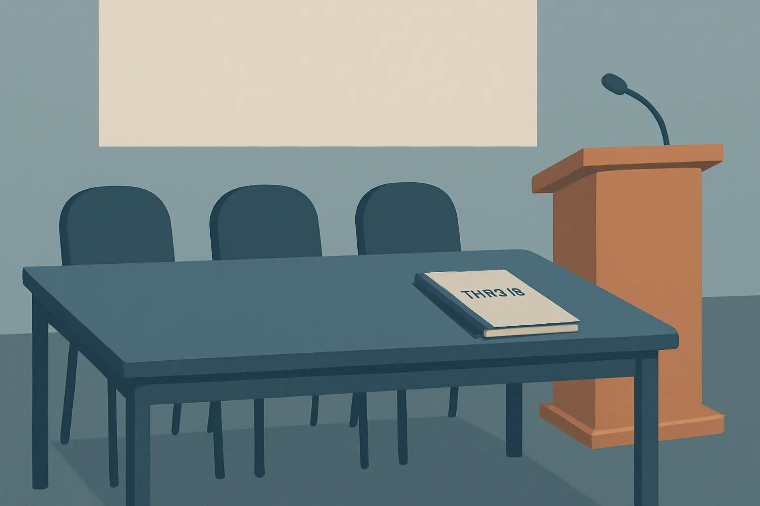 Ilustração editorial de uma mesa de banca examinadora vazia com cadeiras e um exemplar de TCC encadernado