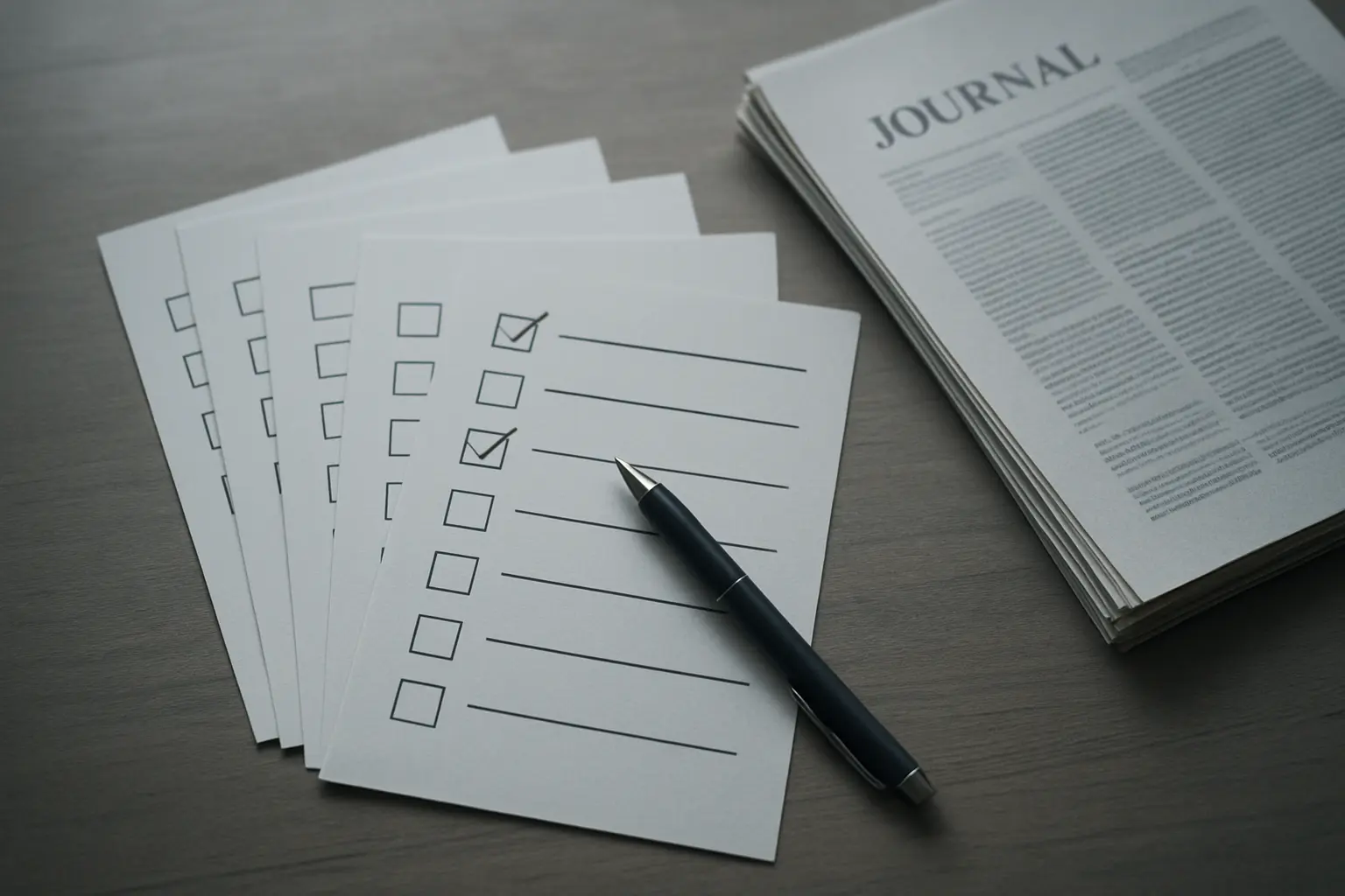 Checklists impressos de avaliação crítica com extensões diferentes ao lado de artigos