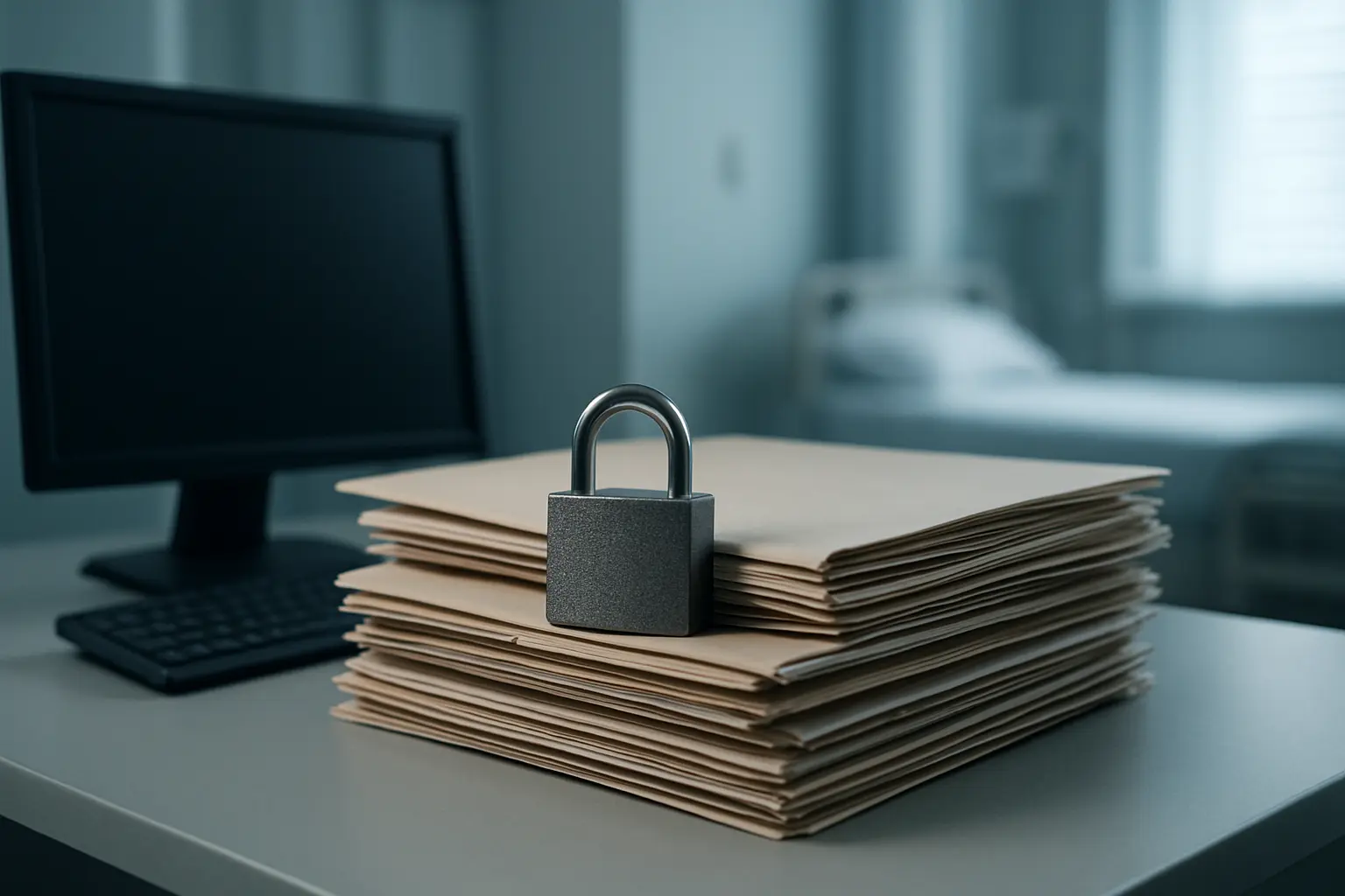 Pilha de prontuários de pacientes fechados, com um cadeado sobre eles, ao lado de um computador em um ambiente hospitalar