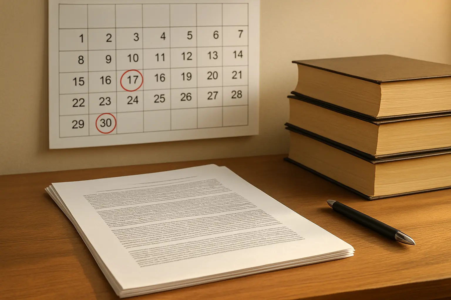 Mesa de mestrando de Direito com um artigo submetido a um periódico ao lado de um cronograma de qualificação e defesa marcado num calendário