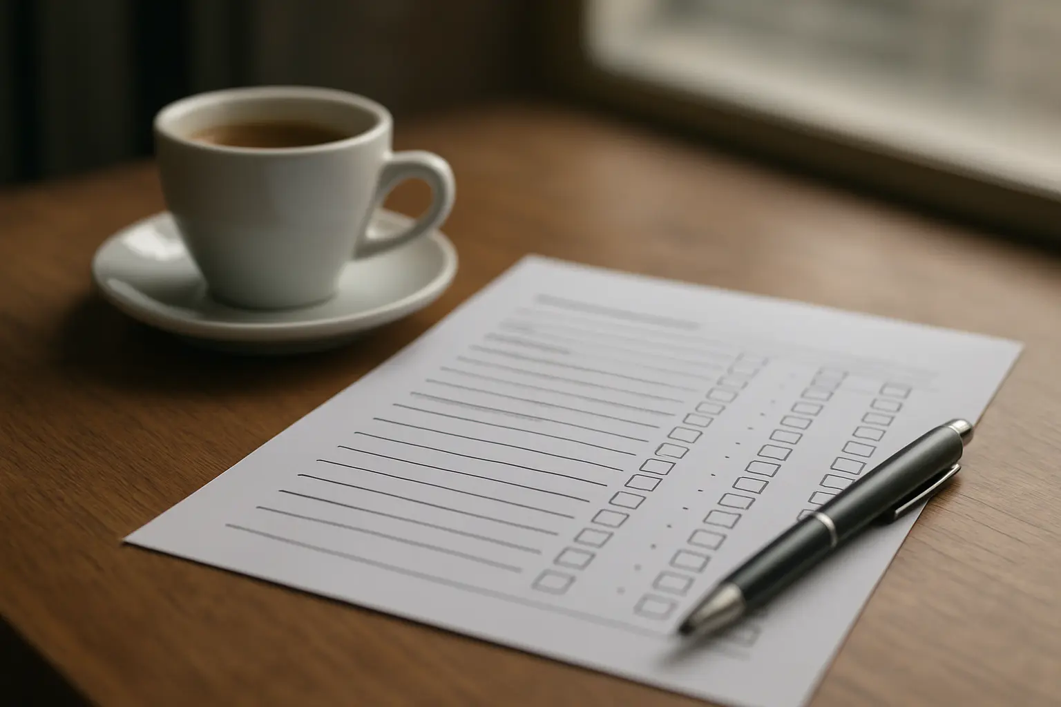 Questionário impresso de qualidade de serviço com duas colunas de resposta, expectativa e percepção, sobre a mesa de um café