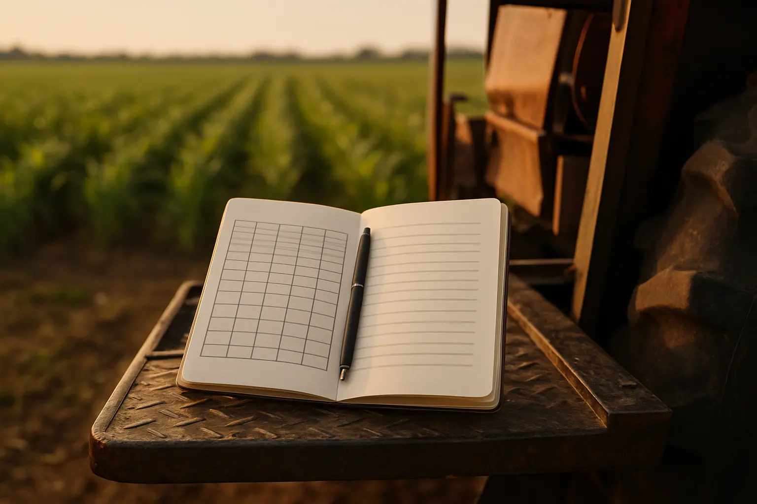 Caderno de campo aberto sobre a lateral de uma colheitadeira, com uma planilha de produtividade por talhão desenhada à mão