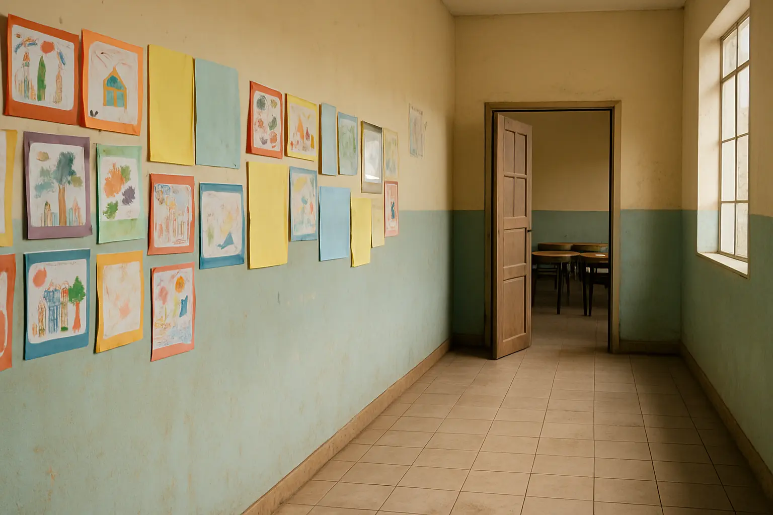 Corredor de escola pública com cartazes de trabalhos de alunos na parede e a porta de uma sala de aula entreaberta